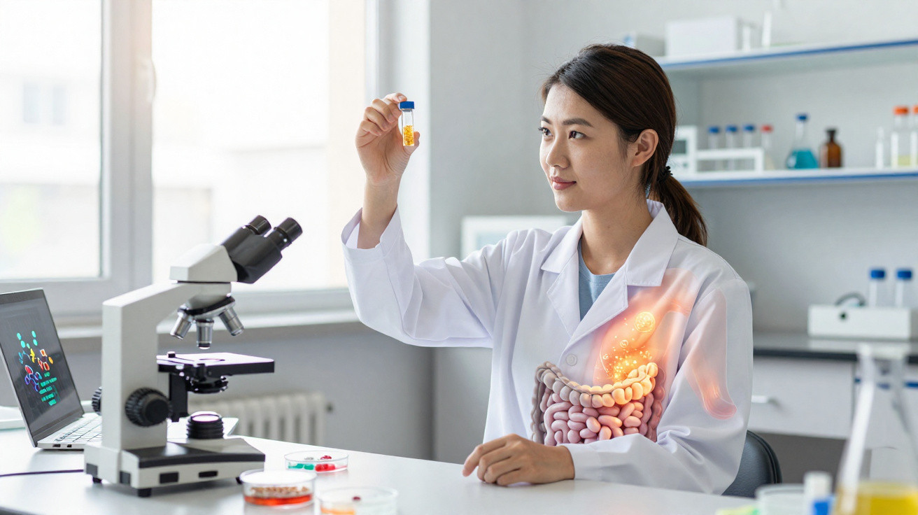 Cientista analisando amostra líquida amarela em laboratório com microscópio e computador ao fundo.