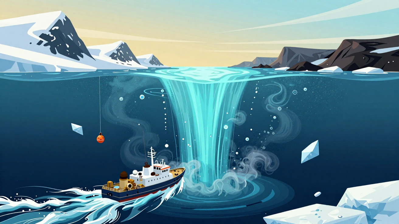 Ilustração de um navio próximo a um redemoinho gigante no oceano próximo a geleiras e montanhas.