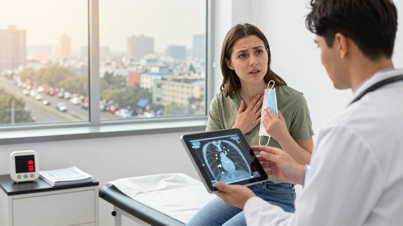 Mulher segurando máscara e tocando o peito enquanto conversa com médico que mostra raio-x dos pulmões em tablet.