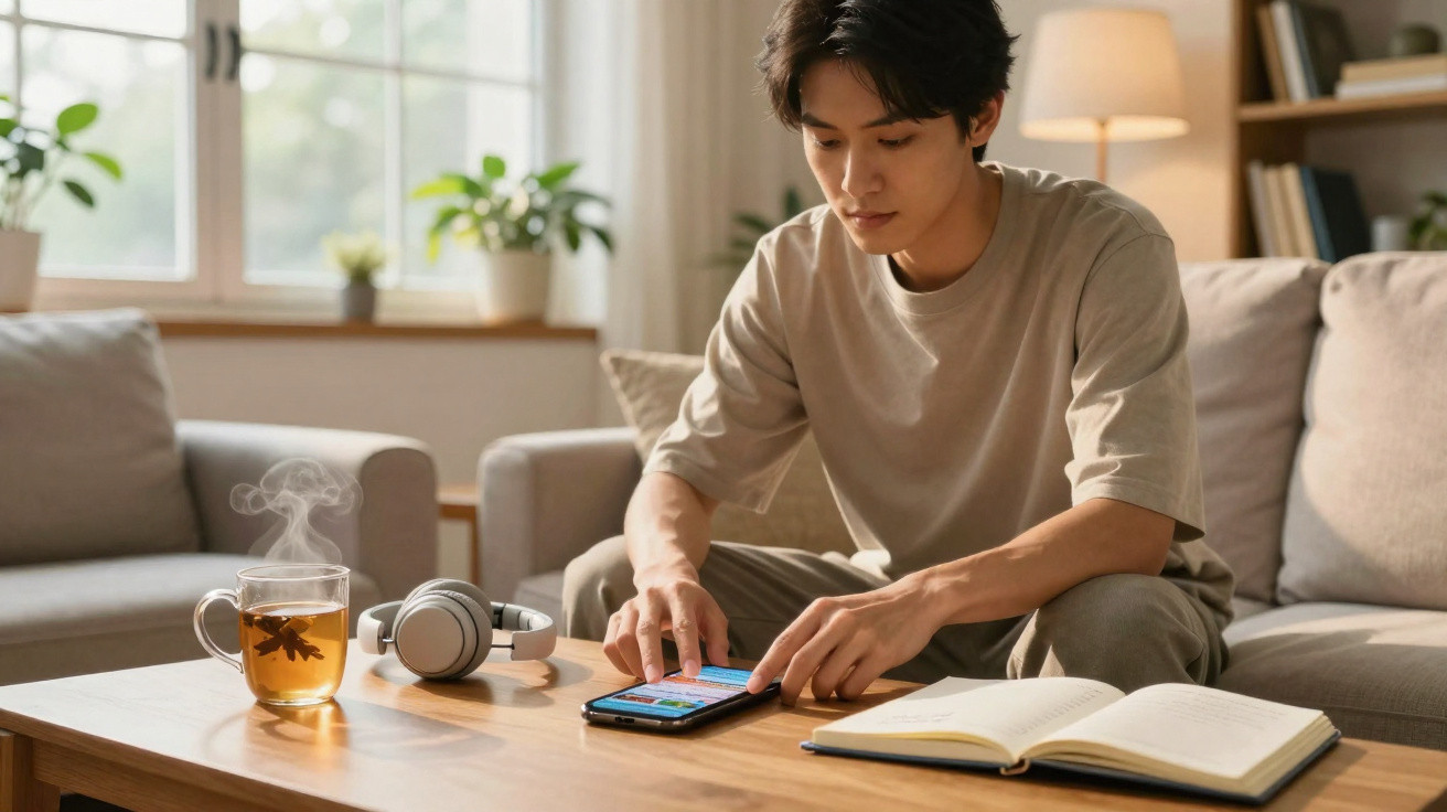 Jovem sentado no sofá usando smartphone, com livro aberto, fones e xícara de chá quente na mesa.