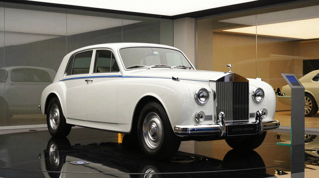 Carro clássico branco Rolls-Royce Electro-Phantom exposto em ambiente moderno com paredes de vidro.