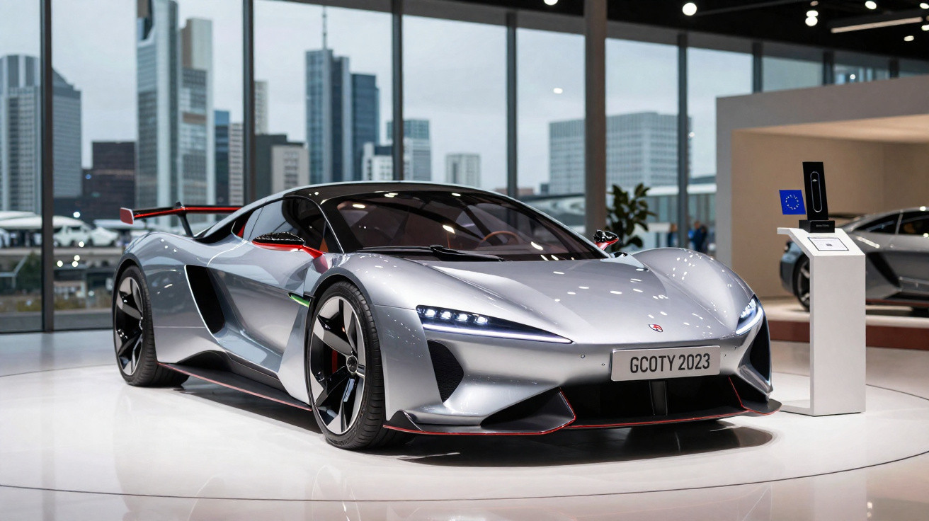 Carro esportivo prata com detalhes vermelhos exibido em showroom moderno com fundo de arranha-céus.