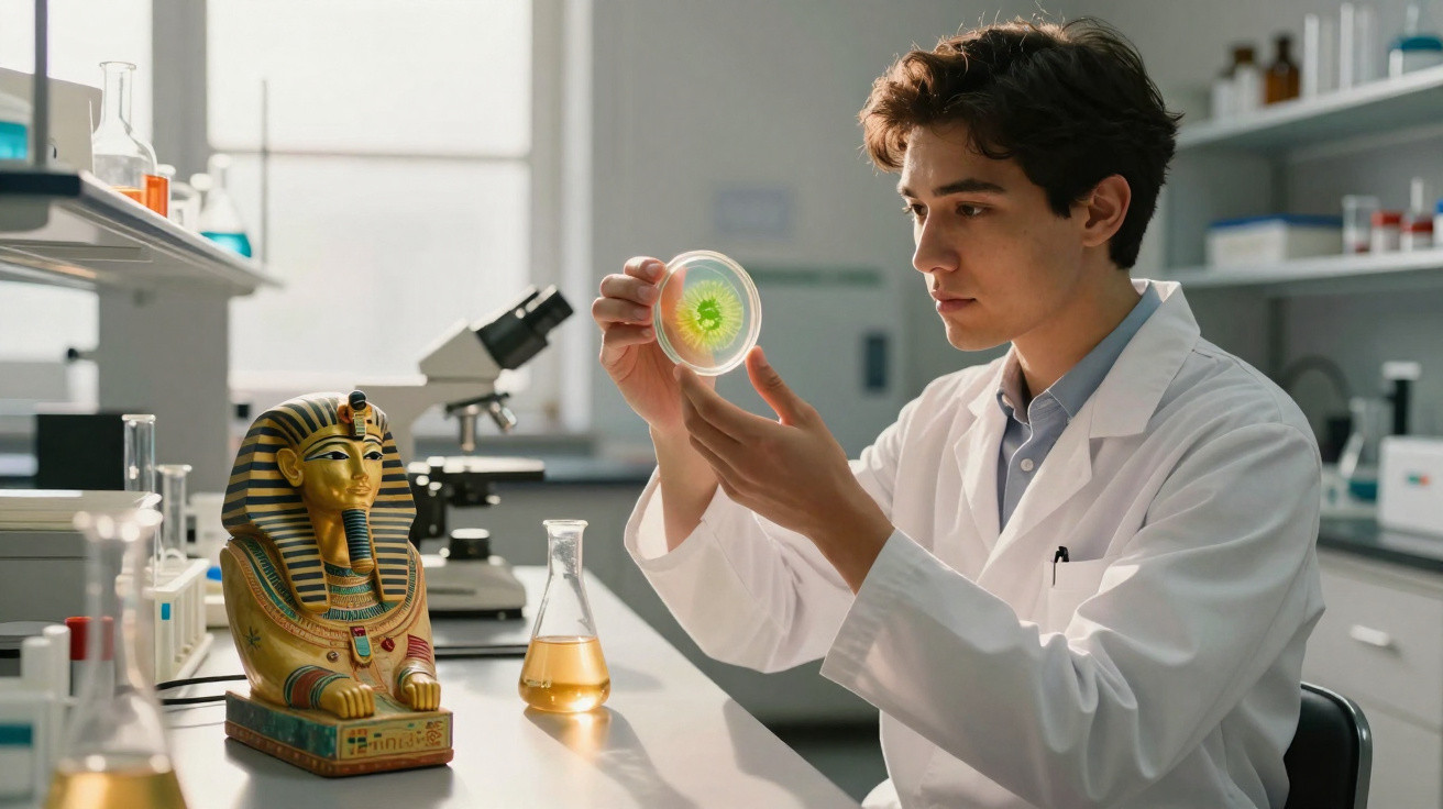 Cientista analisa cultura bacteriana em placa de petri dentro de laboratório com estátua do faraó egípcio na mesa.