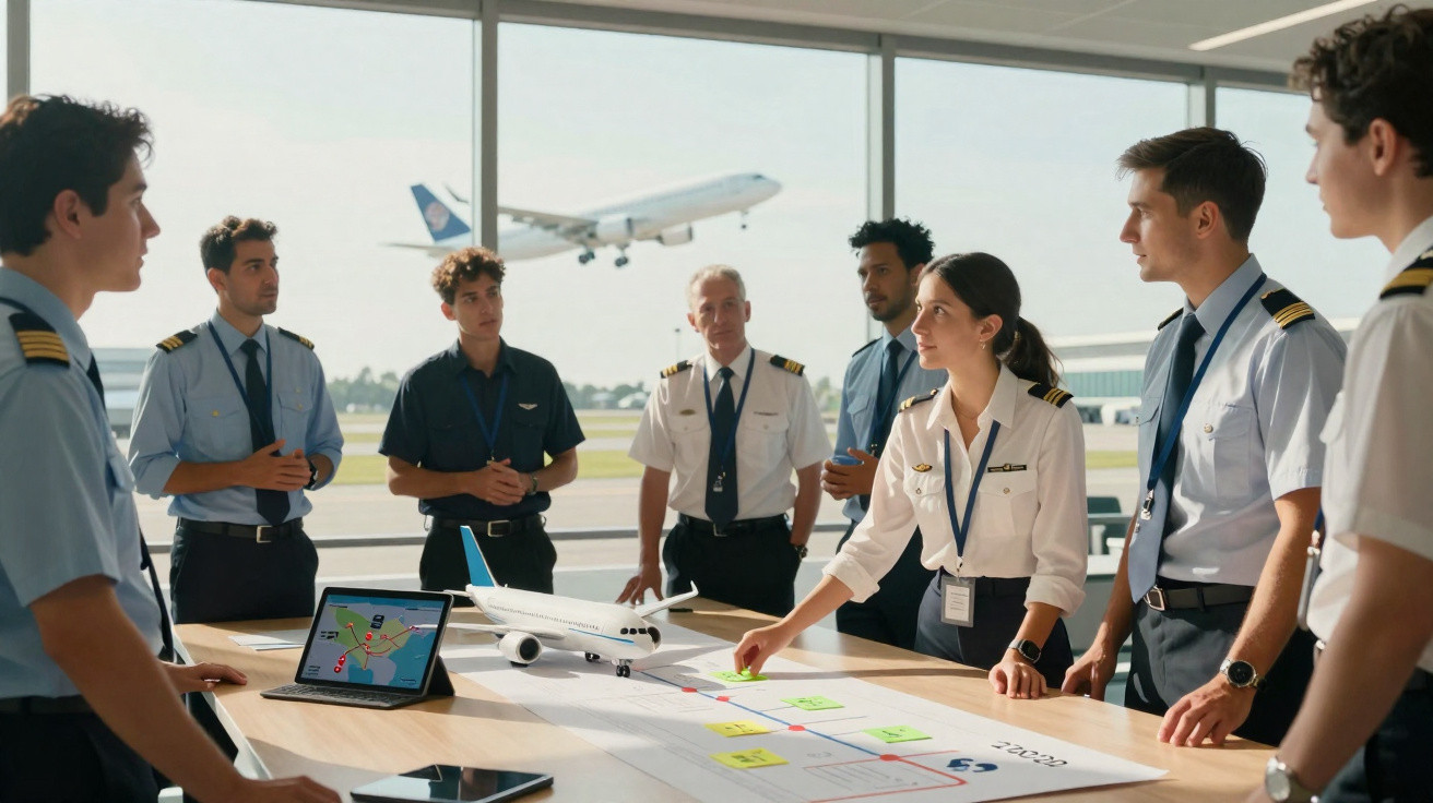 Grupo de pilotos e profissionais de aviação em reunião com planta e maquete de avião na mesa, aeroporto ao fundo.