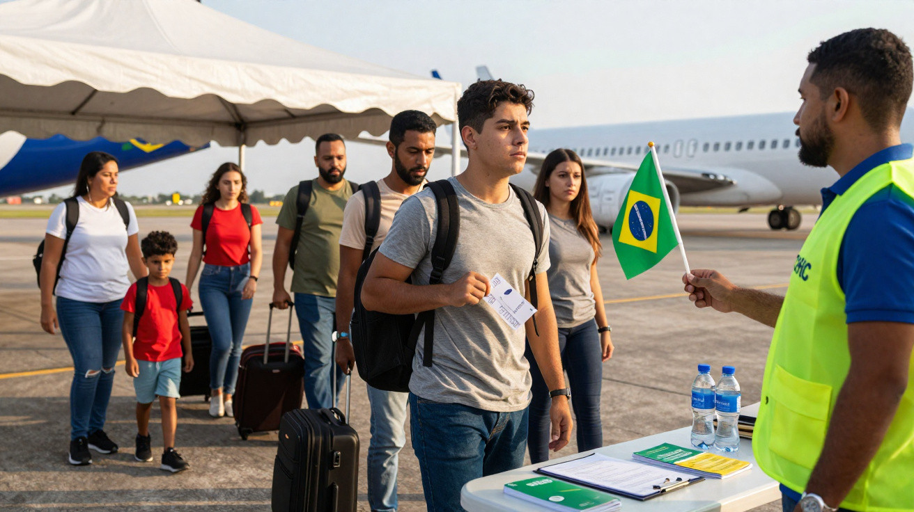 Pessoas desembarcam de avião no aeroporto, com malas, enquanto homem de colete segura bandeira do Brasil.