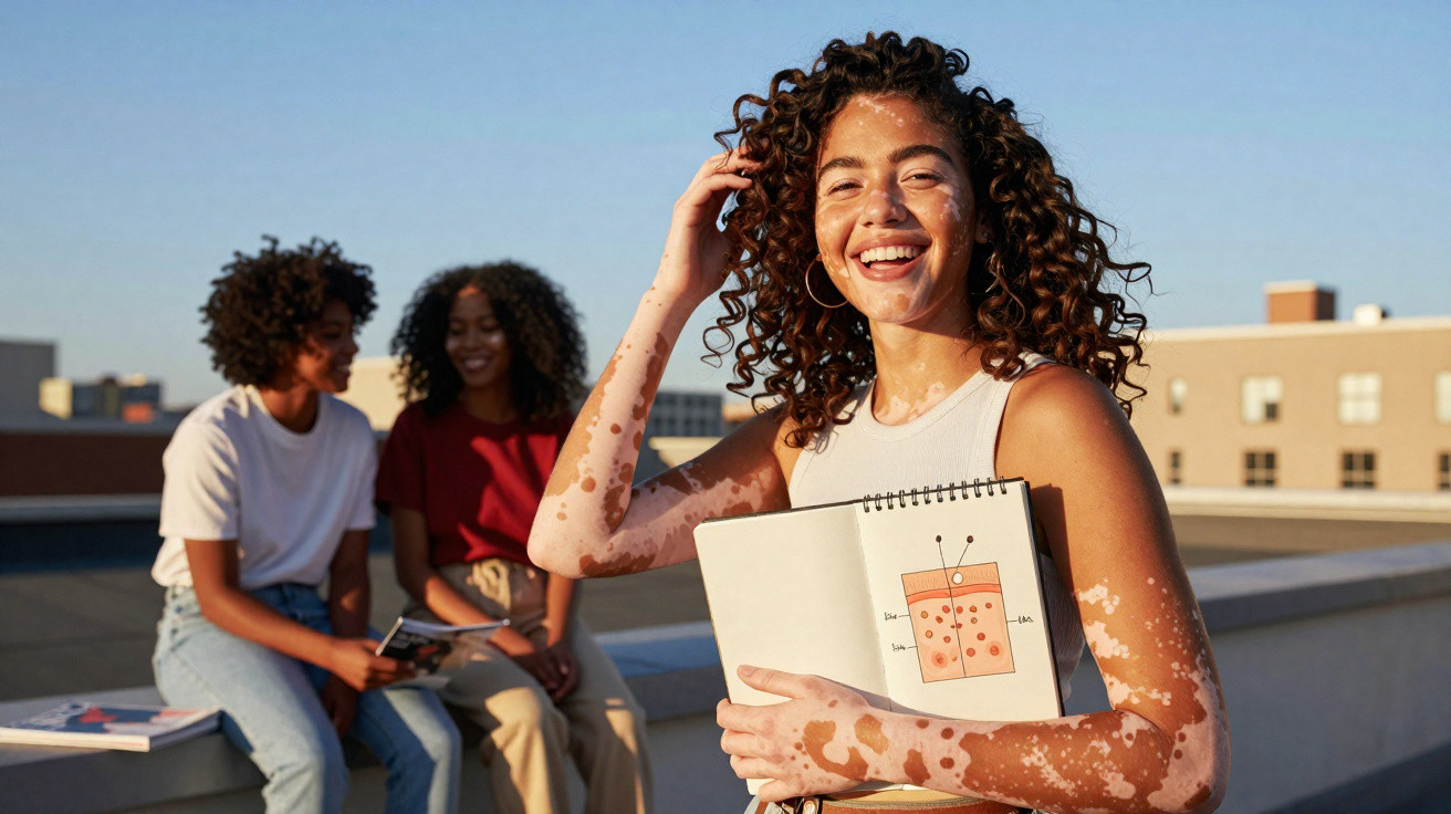 Jovens com vitiligo sorrindo em área externa, uma segura caderno com desenho colorido.