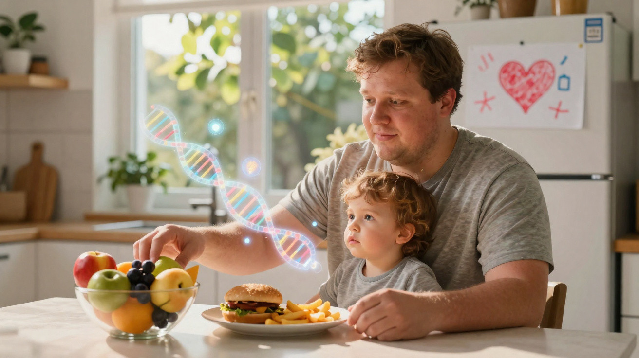 Pai e filho pequenos sentados na mesa com hambúrguer e frutas, olhando para holograma de DNA.