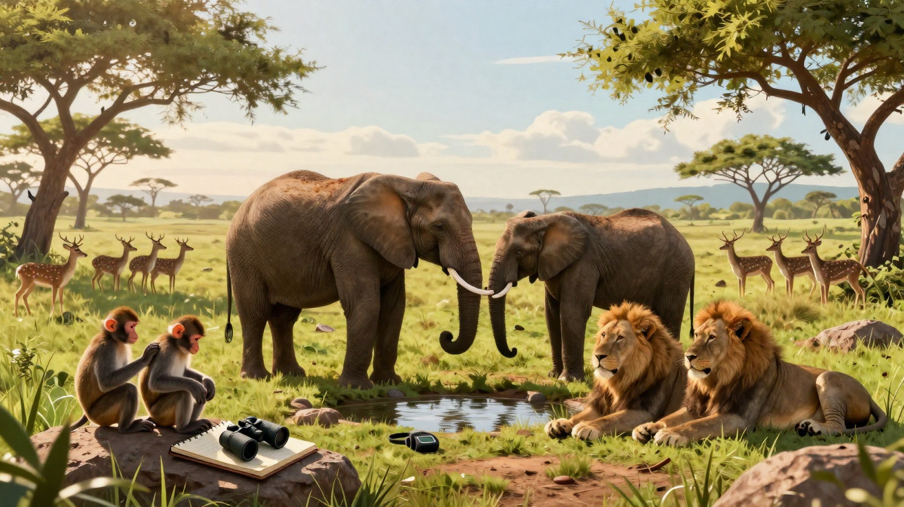 Elefantes bebendo água, leões descansando e macacos observando na savana africana ao entardecer.