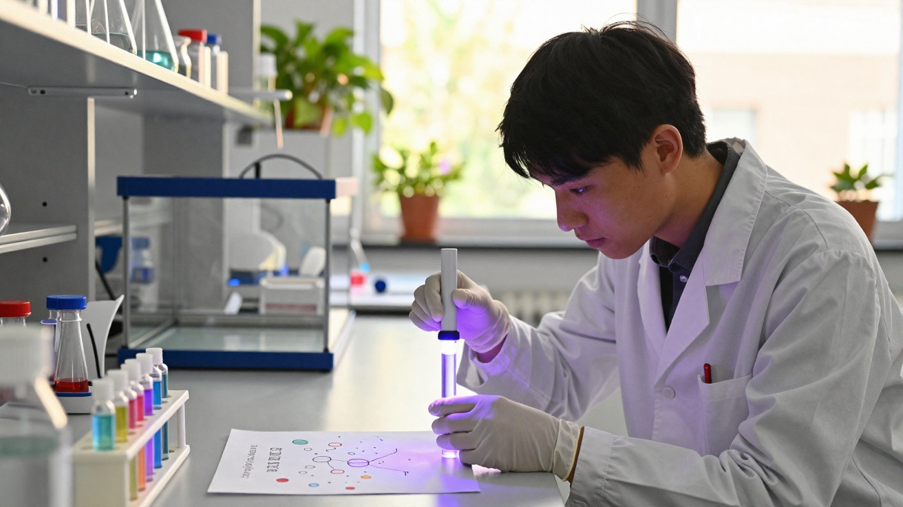 Cientista com jaleco e luvas usando luz ultravioleta em tubo de ensaio em laboratório.