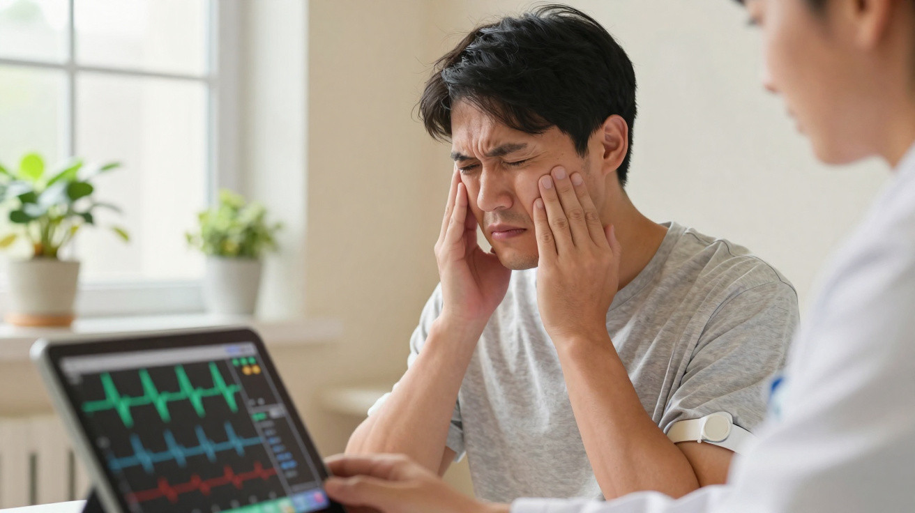 Homem aparentando dor ao lado de profissional de saúde que monitora eletrocardiograma em tablet.