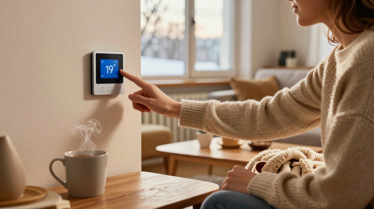 Pessoa ajustando termostato digital para 19 graus enquanto segura xícara de chá em ambiente aconchegante.