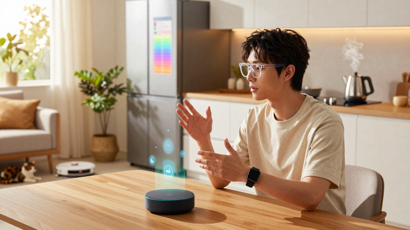Jovem usando óculos e smartwatch controla assistente virtual em dispositivo inteligente na cozinha.