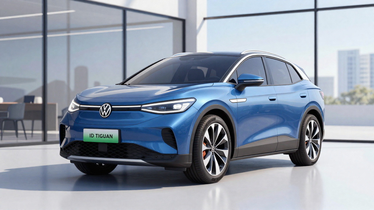 Carro elétrico Volkswagen ID. Tiguan azul em exposição dentro de showroom moderno.