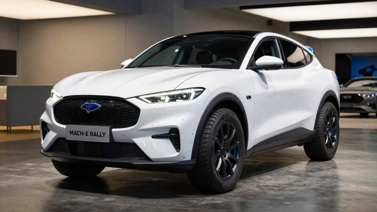 Carro elétrico Ford Mustang Mach-E Rally branco em exposição interna com faróis acesos.