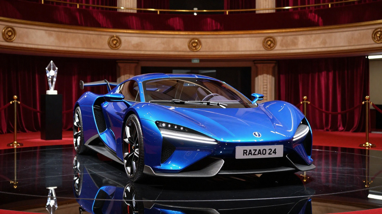 Carro esportivo azul em exposição luminoso, com troféu transparente ao lado e decoração elegante ao fundo.
