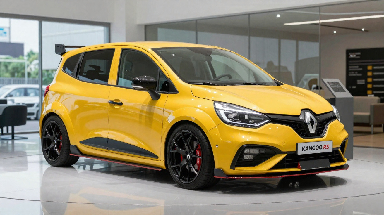Carro esportivo Renault KANGOO RS amarelo exibido em showroom moderno com piso brilhante.
