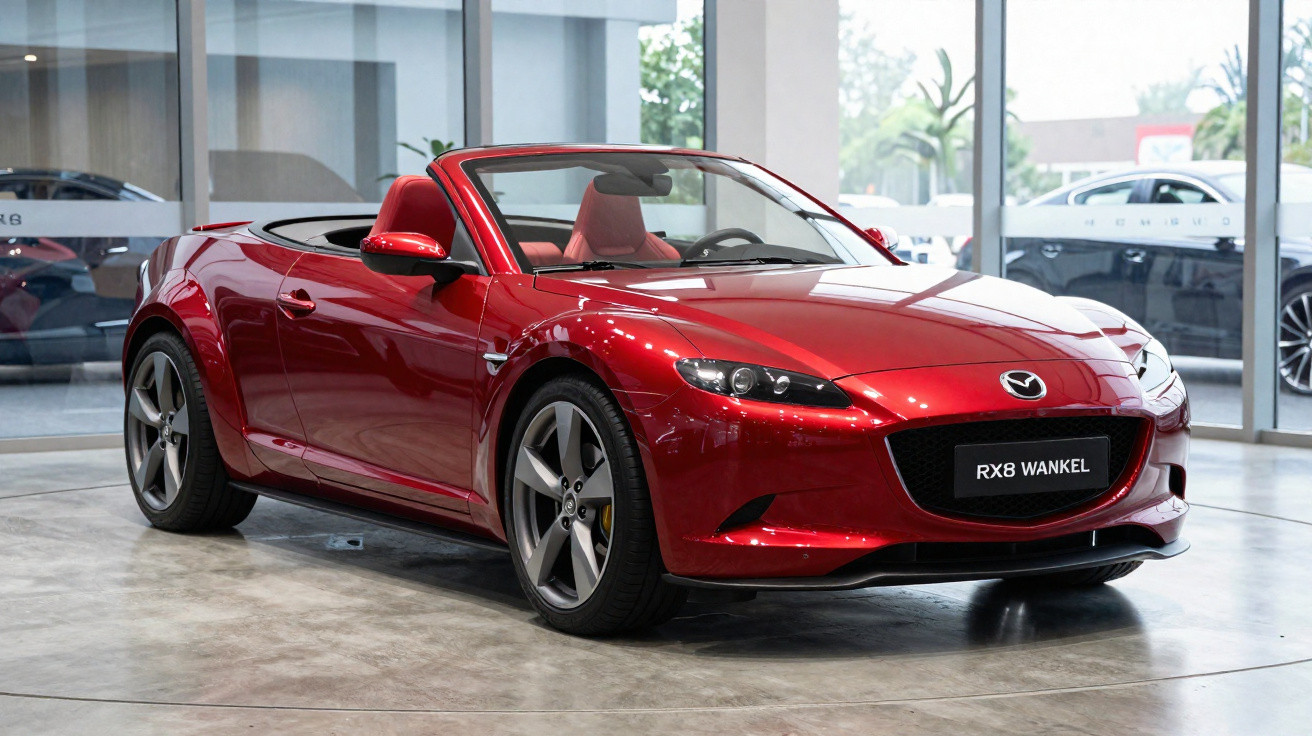 Carro conversível esportivo vermelho Mazda RX8 estacionado em showroom com piso de cimento polido.