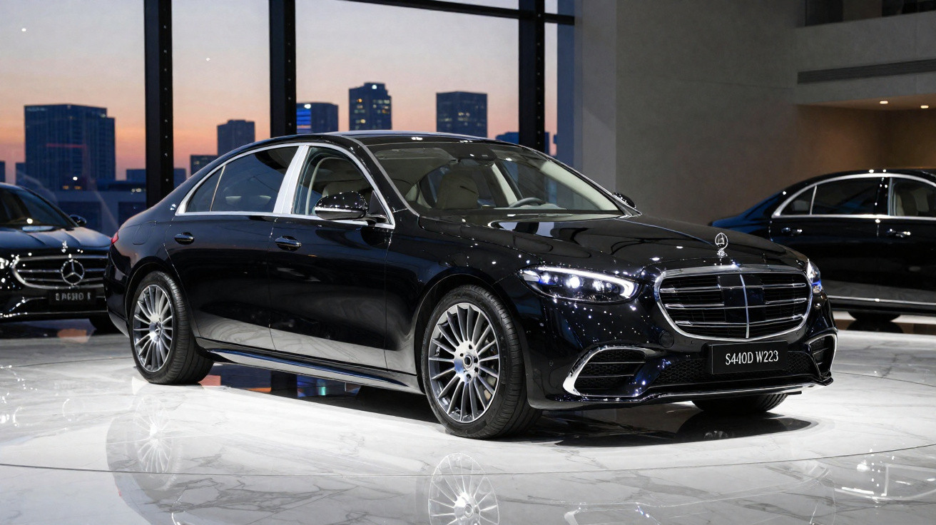 Carro Mercedes-Benz S400D W223 preto em exposição dentro de showroom moderno ao entardecer.