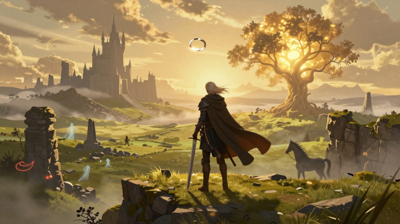 Guerreiro observa castelo ao pôr do sol, com cavalo e árvore luminosa em campo aberto de fantasia.