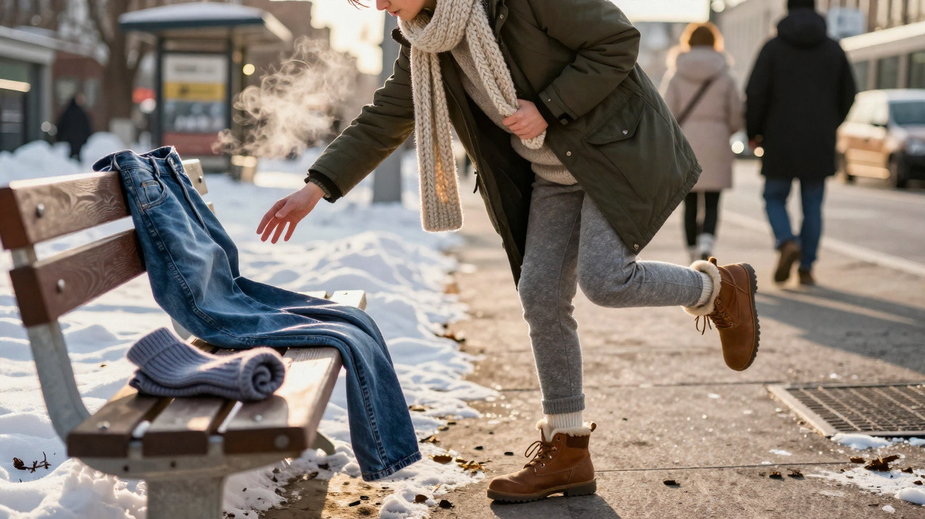 Mulher de casaco e cachecol joga bola de neve em calça jeans sobre banco na neve na rua.