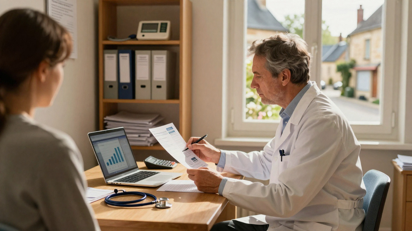 Médico avaliando exames e gráficos no consultório durante consulta com paciente feminina.