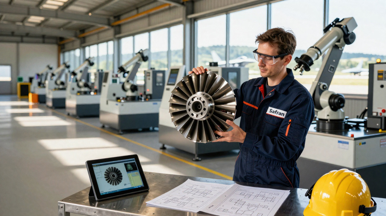 Homem com jaleco e óculos de segurança analisa turbina em fábrica industrial moderna.