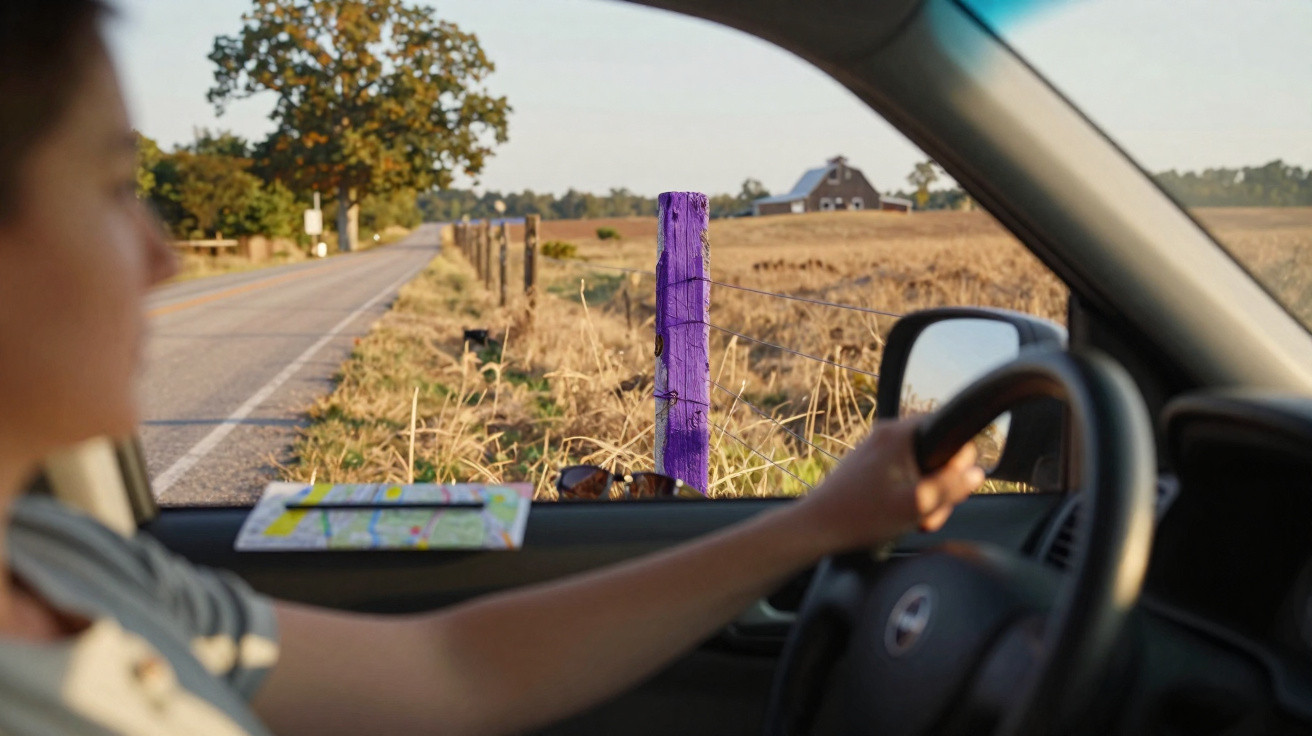 Jovem dirigindo carro por estrada rural com cerca de arame e mourão roxo ao lado da pista.