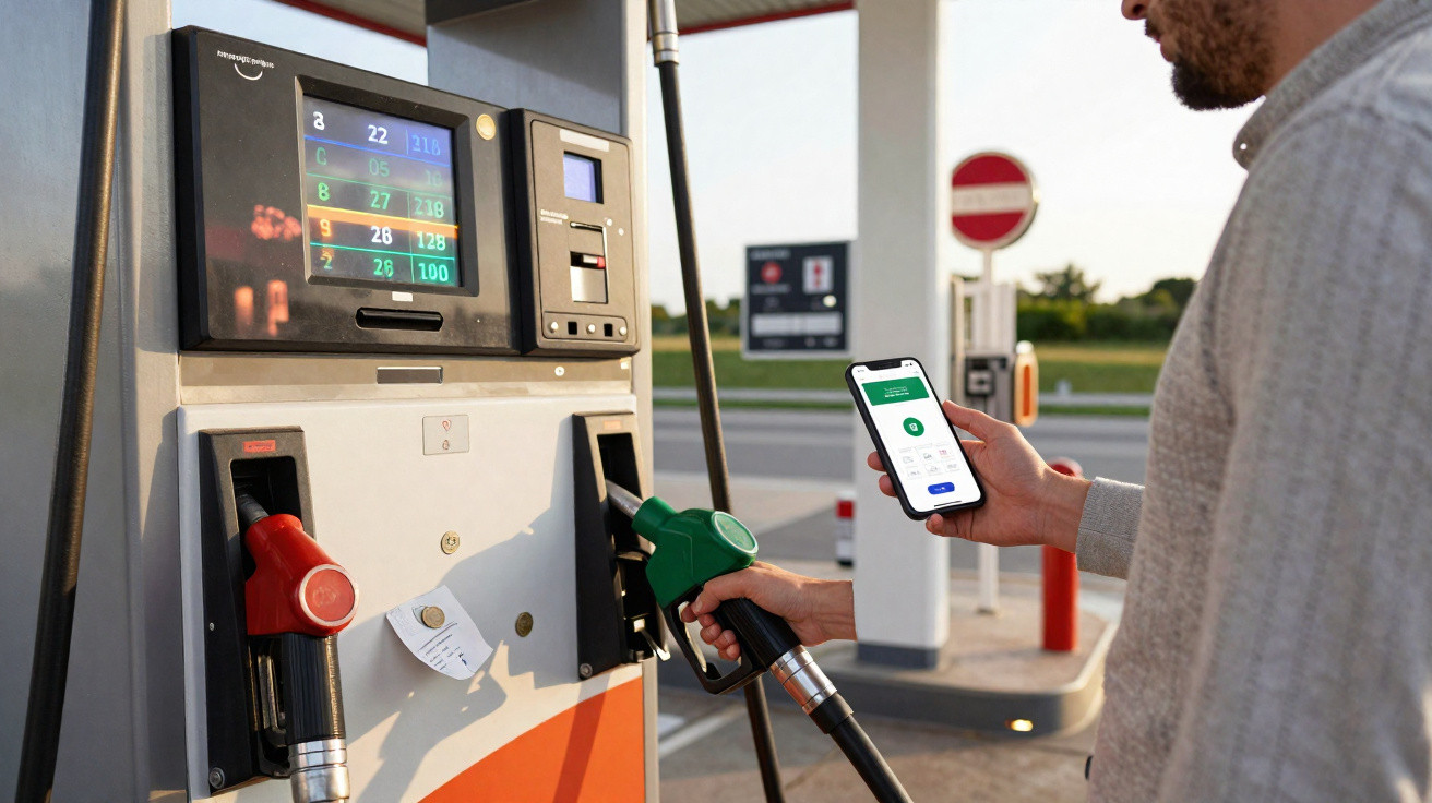 Homem segurando celular com aplicativo aberto e bomba de combustível em posto de gasolina.