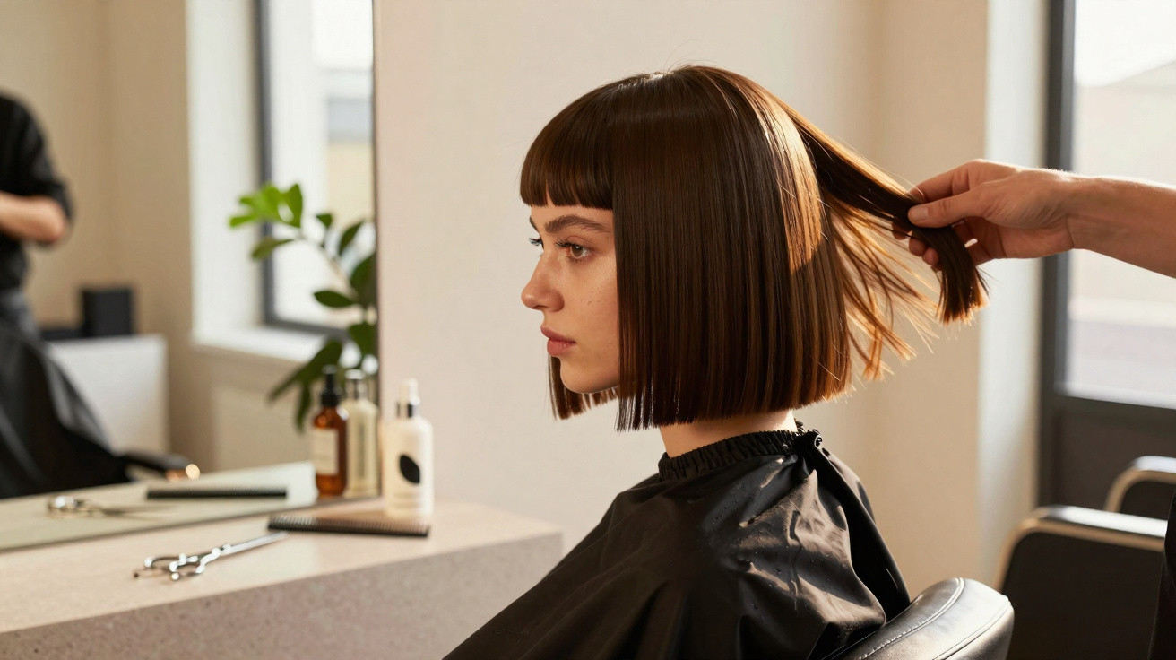 Mulher com cabelo curto sendo penteada em salão de beleza moderno com espelho e produtos ao fundo.
