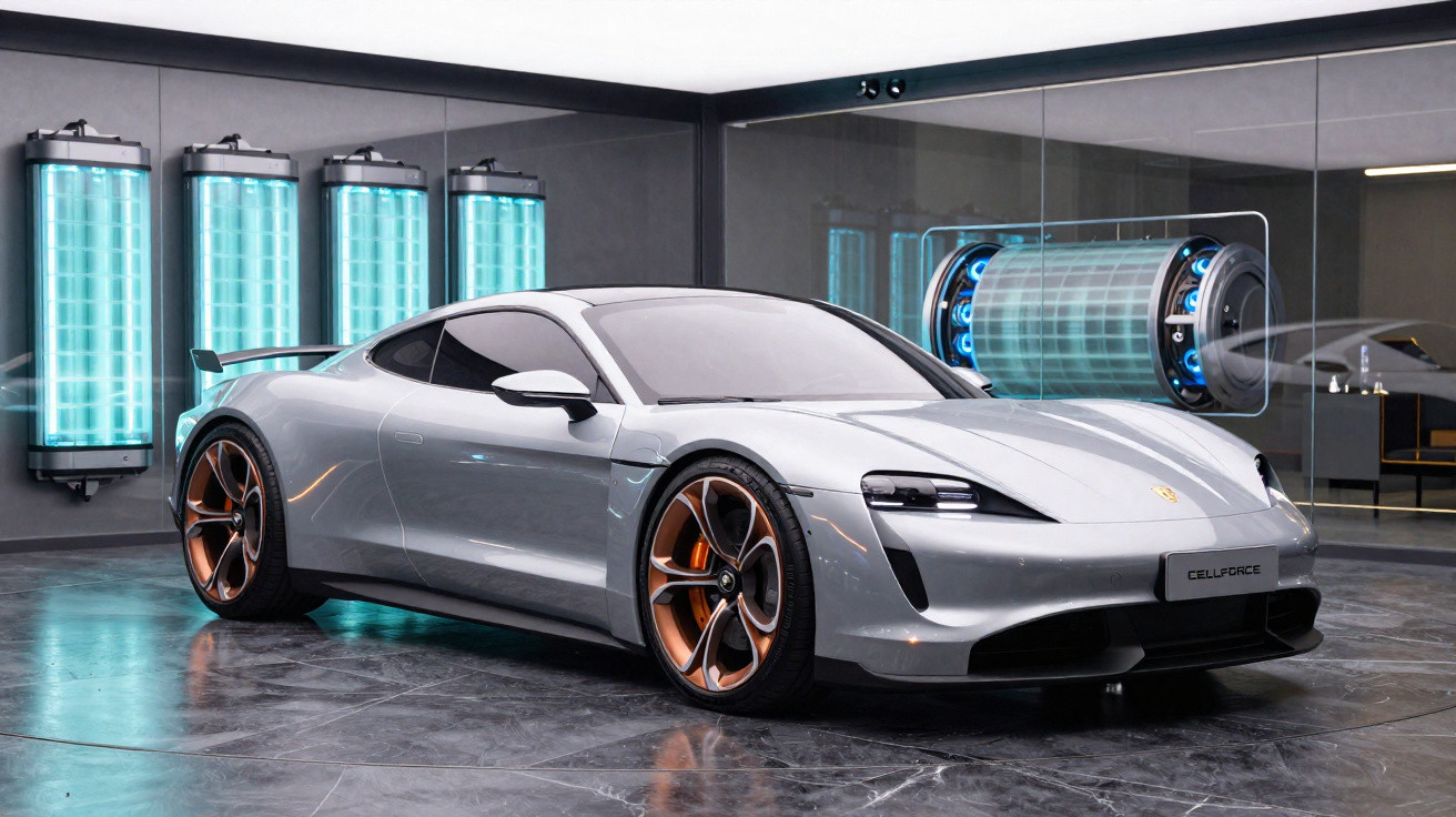 Carro elétrico esportivo cinza estacionado em garagem moderna com baterias azuis iluminadas na parede.
