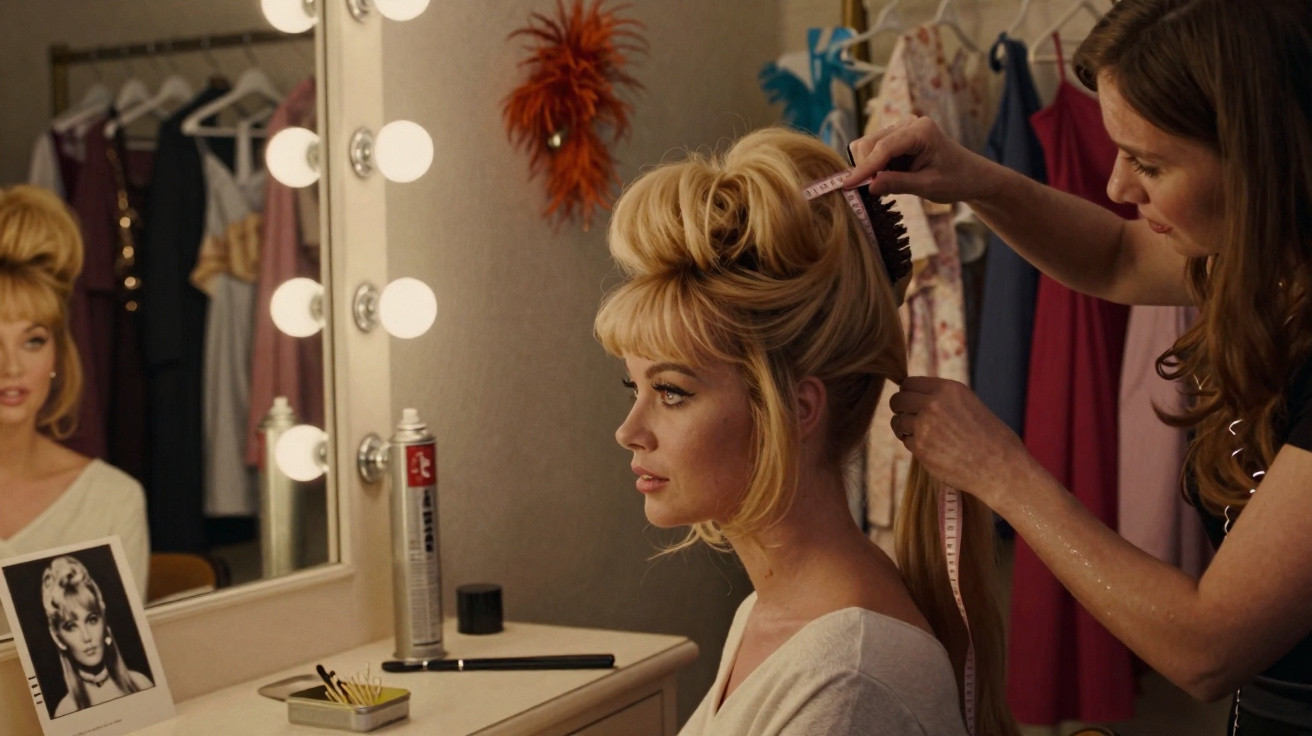 Mulher loira com penteado elegante sentada enquanto outra mede com fita métrica no camarim iluminado.