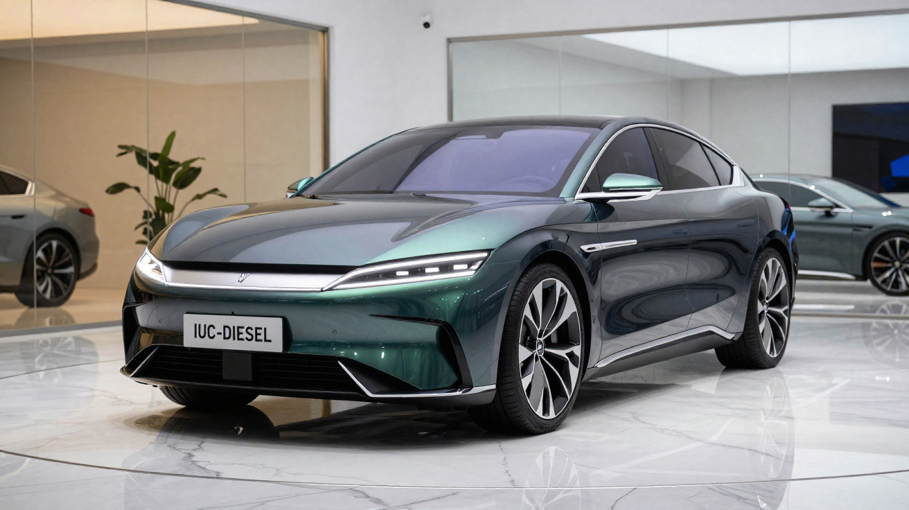 Carro elétrico esportivo cinza com design futurista exibido em ambiente interno moderno.