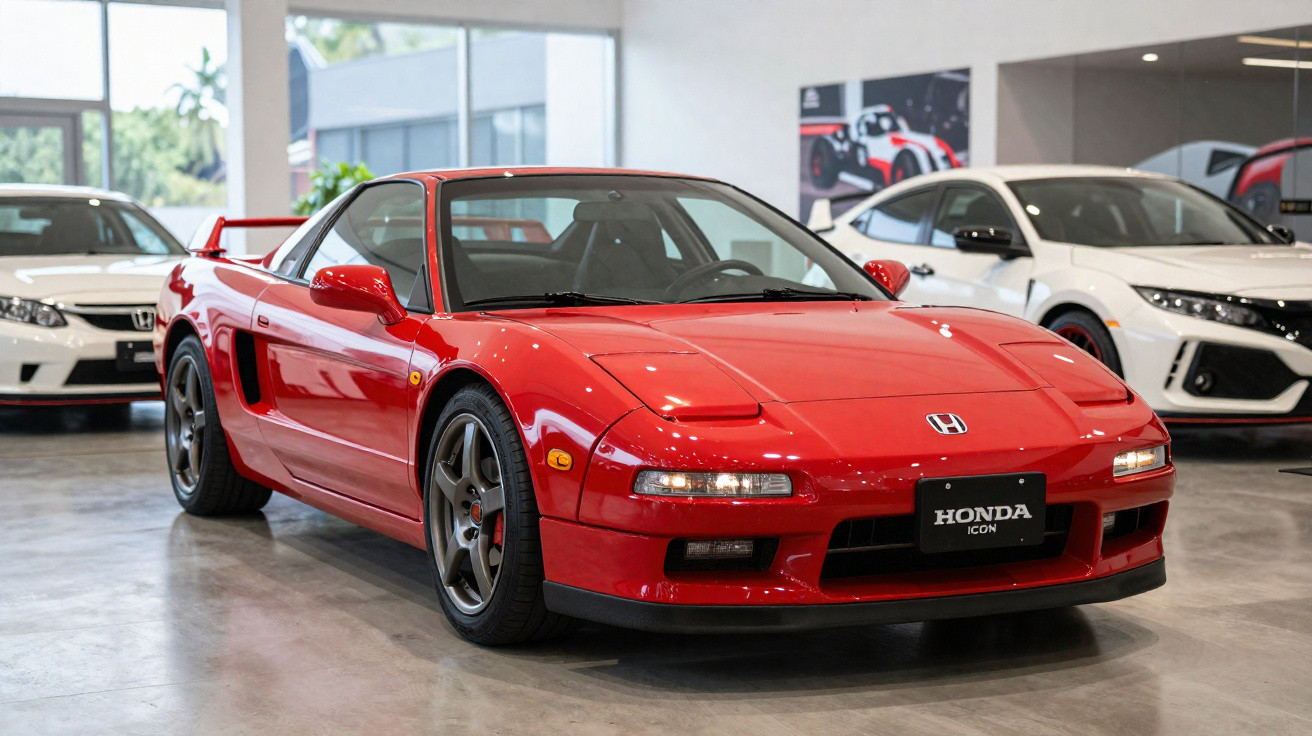 Carro esportivo vermelho Honda NSX em exposição interna com outros carros ao fundo.