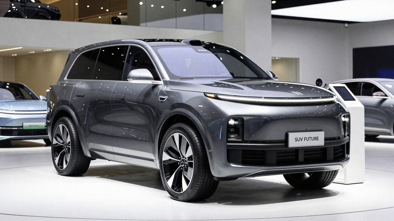 SUV elétrico cinza escuro futurista em exposição em ambiente interno moderno.