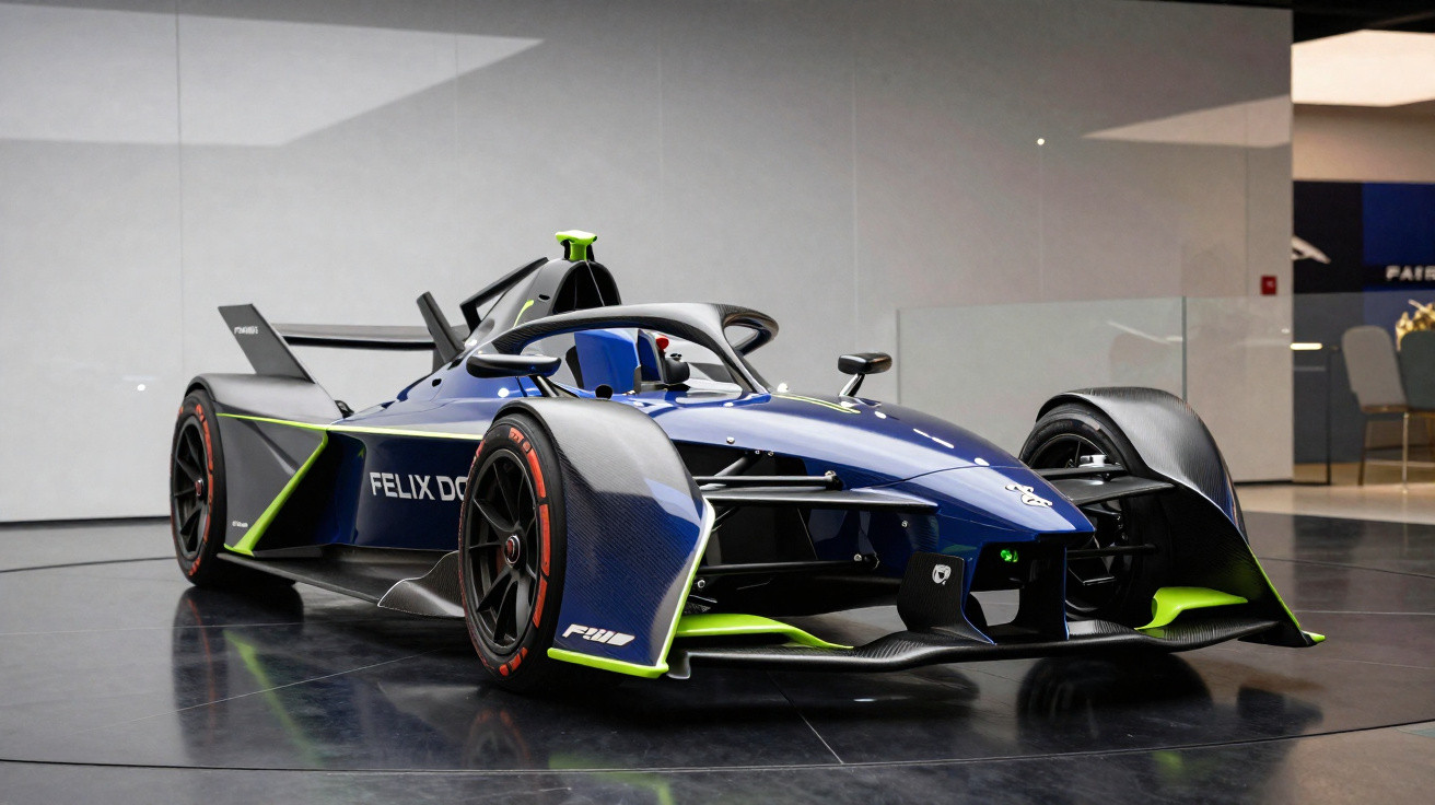 Carro de corrida elétrico azul e verde exposto em ambiente moderno com paredes de vidro.