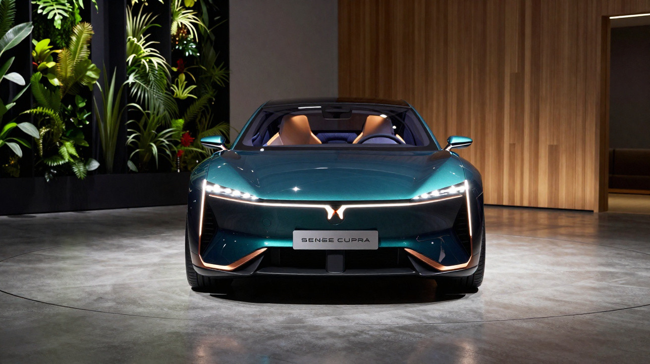 Carro esportivo elétrico Cupra Sense em tom azul metálico em ambiente interno moderno com plantas e paredes de madeira.