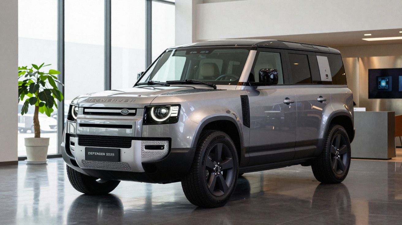 SUV Land Rover Defender 2025 cinza metálico exibido em showroom moderno, com planta ao fundo.