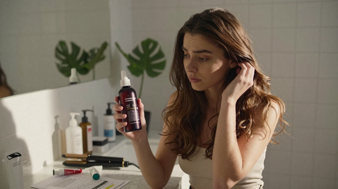 Mulher olhando cabelo com expressão preocupada, segurando frasco de produto para tratamento capilar.