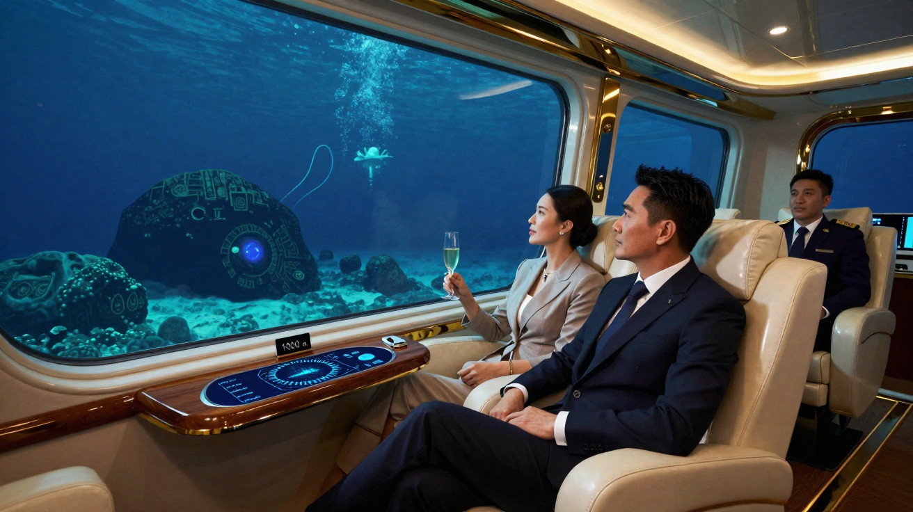 Duas pessoas dentro de submarino em poltronas apreciando o fundo do mar a 1000 metros de profundidade.