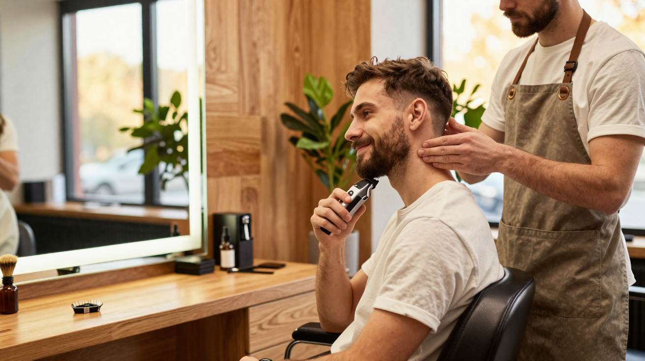 Homem sorridente recebendo corte de cabelo em barbearia moderna com decoração em madeira e plantas.