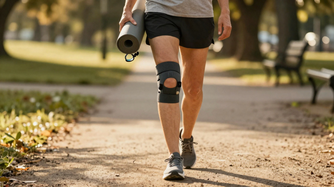 Pessoa caminhando em parque com acessório de suporte no joelho e tapete de yoga na mão.