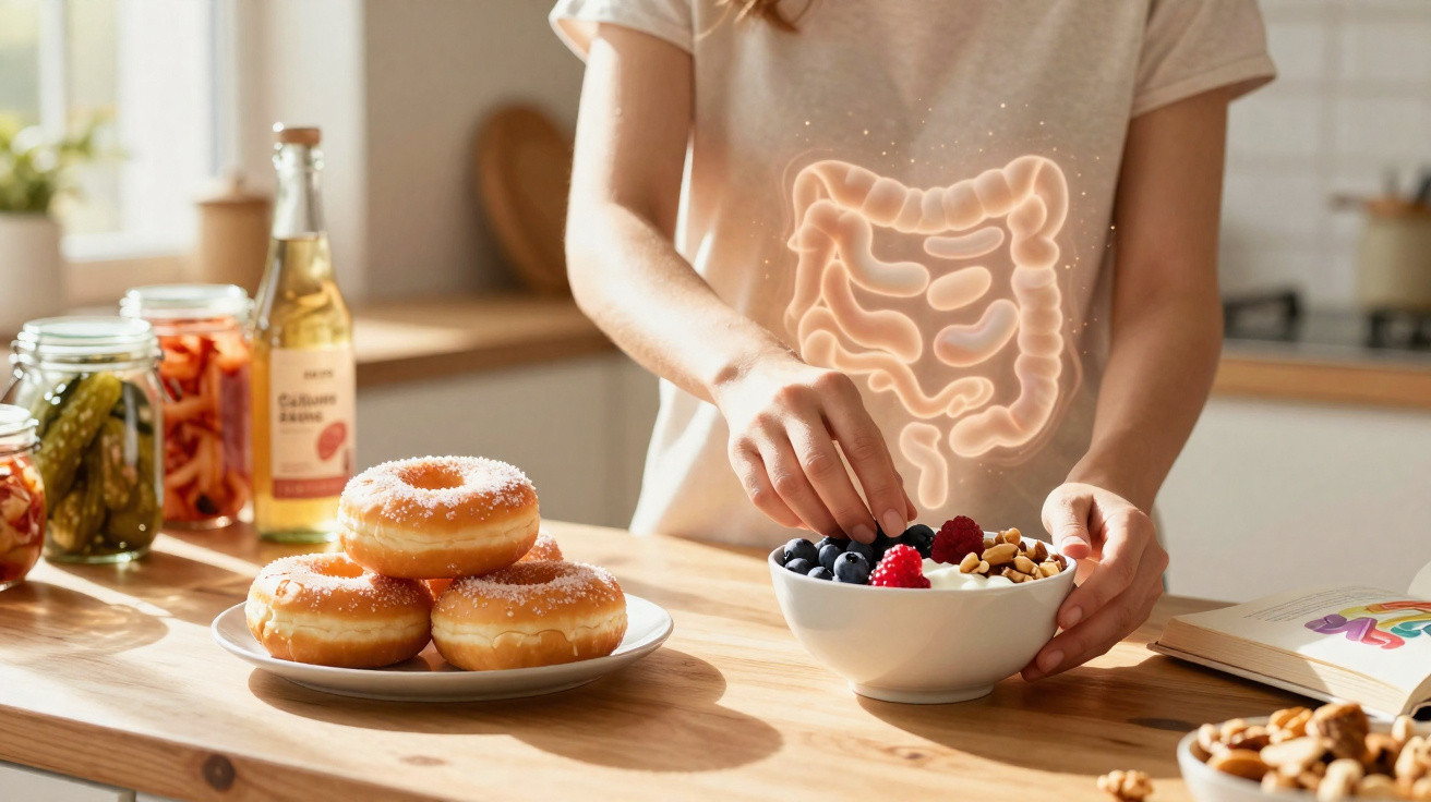 Mulher escolhendo alimentos saudáveis com imagem ilustrativa do intestino destacada.
