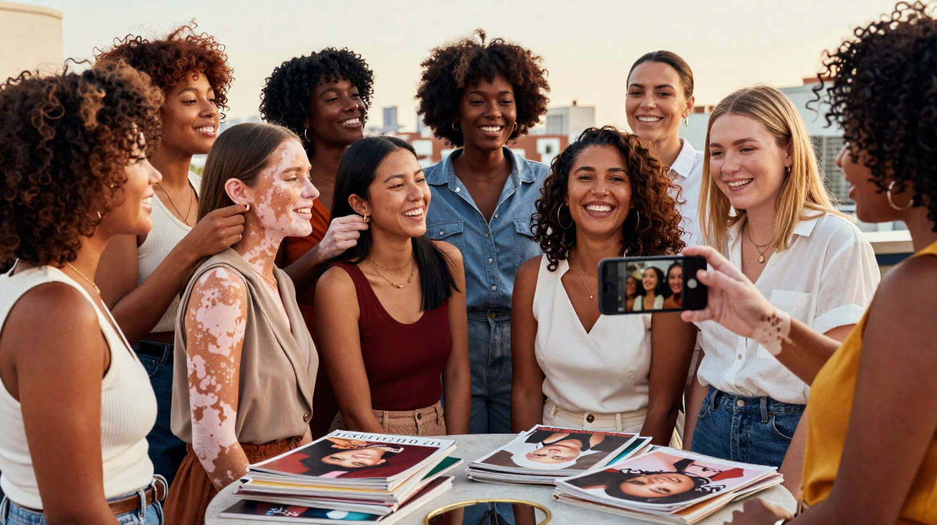 Grupo diverso de mulheres sorrindo enquanto tiram selfie em ambiente externo com revistas sobre mesa.