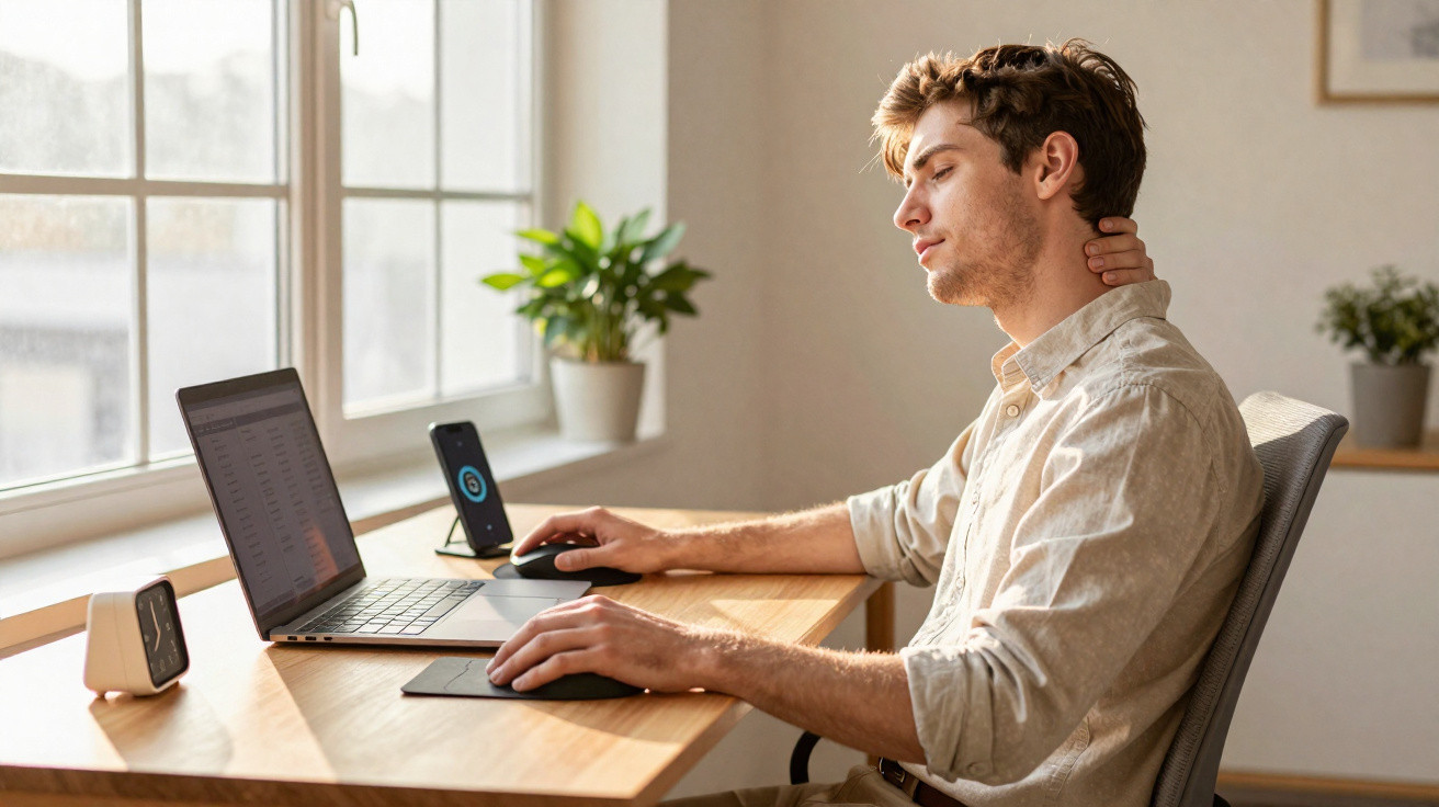 Homem sentado em cadeira ergonômica massageando o pescoço em frente ao computador em ambiente iluminado.