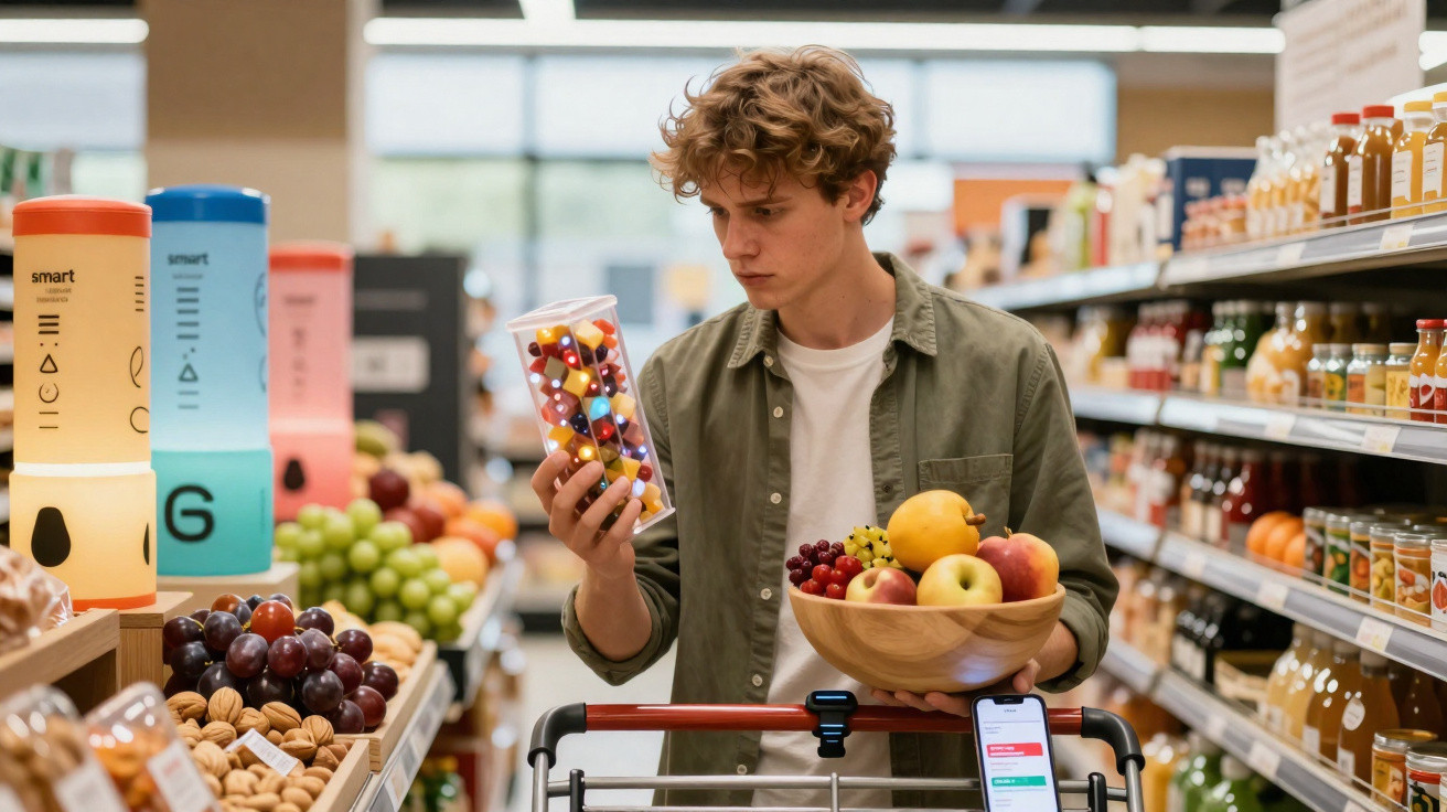 Jovem segurando pote de frutas no corredor de supermercado enquanto empurra carrinho de compras.