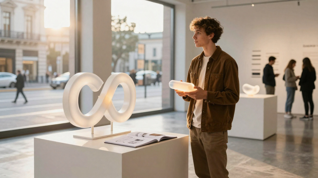Jovem observa escultura em forma de símbolo do infinito em galeria de arte com luz natural.