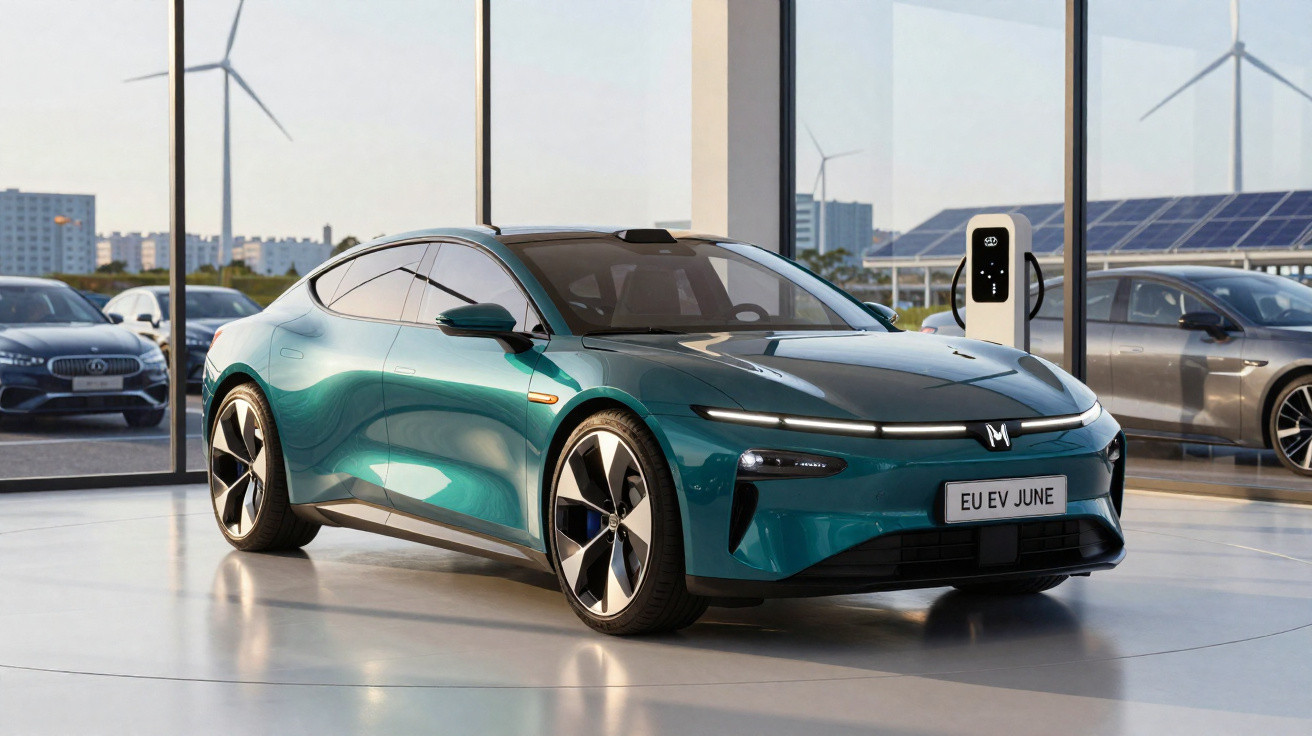 Carro elétrico verde em exposição interna com carregador e janelas grandes mostrando turbinas eólicas externas.