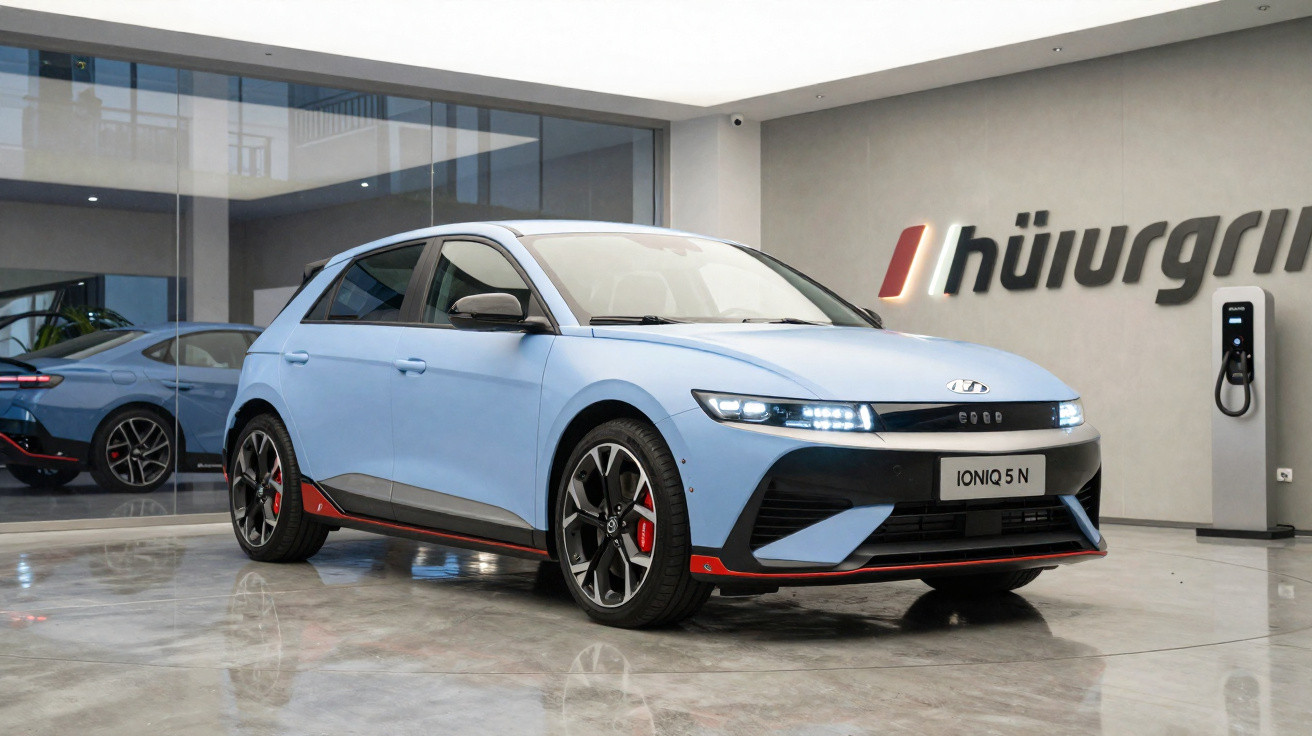 Carro elétrico Hyundai Ioniq 5N azul estacionado em showroom moderno com carregador ao fundo.