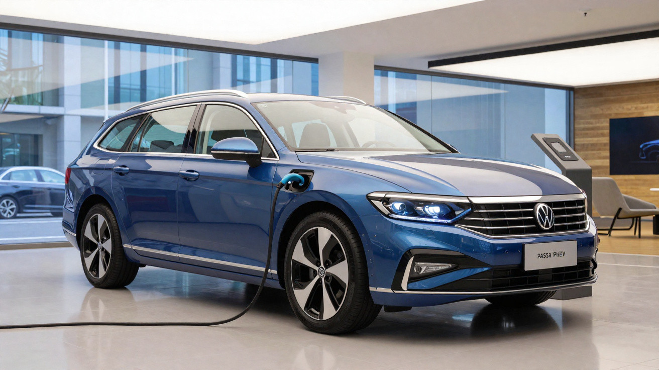 Carro elétrico Volkswagen Passat PHEV azul carregando em tomada dentro de ambiente moderno e claro.