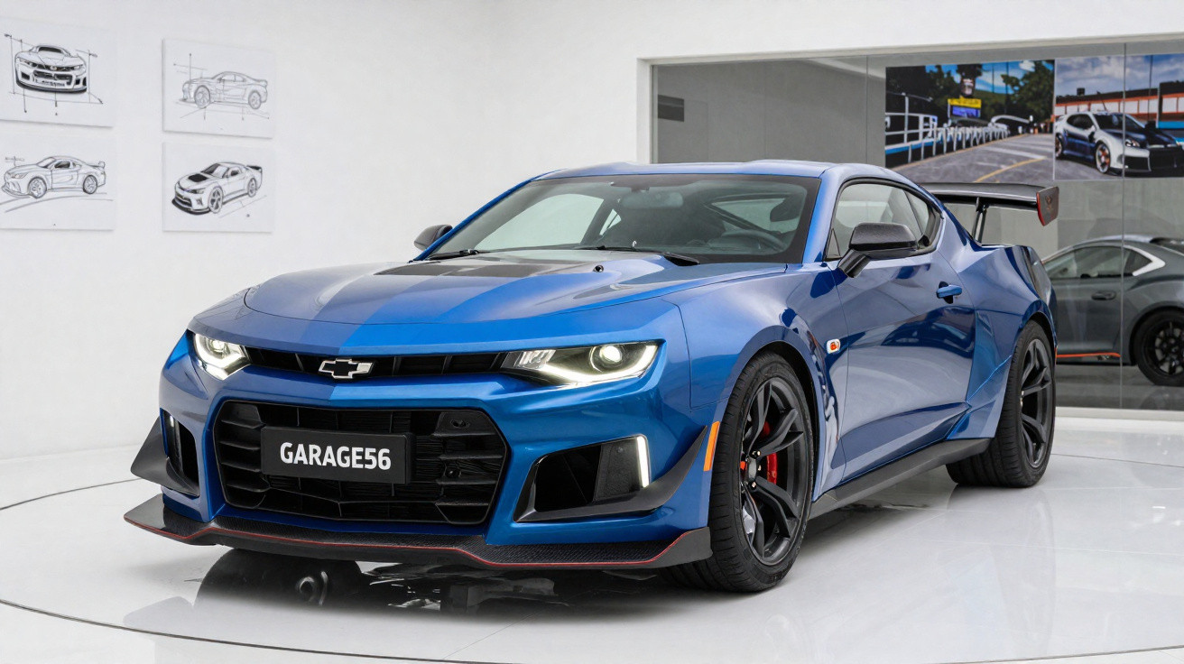 Carro esportivo azul Chevrolet Camaro estacionado em ambiente interno, com aerofólio traseiro e rodas pretas.